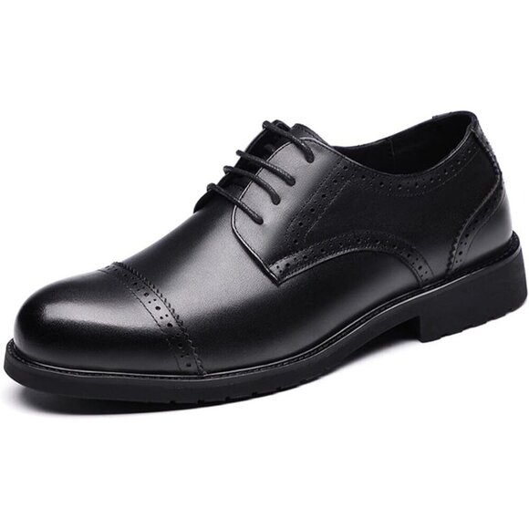 Derossi Oxford Shoes Men Black Leather Lace Up Cap Toe Rubber Sole Classic